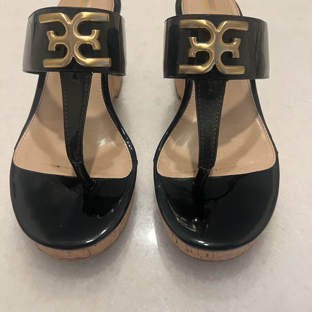 Sam Edelman Black and Gold Wedge Sandals